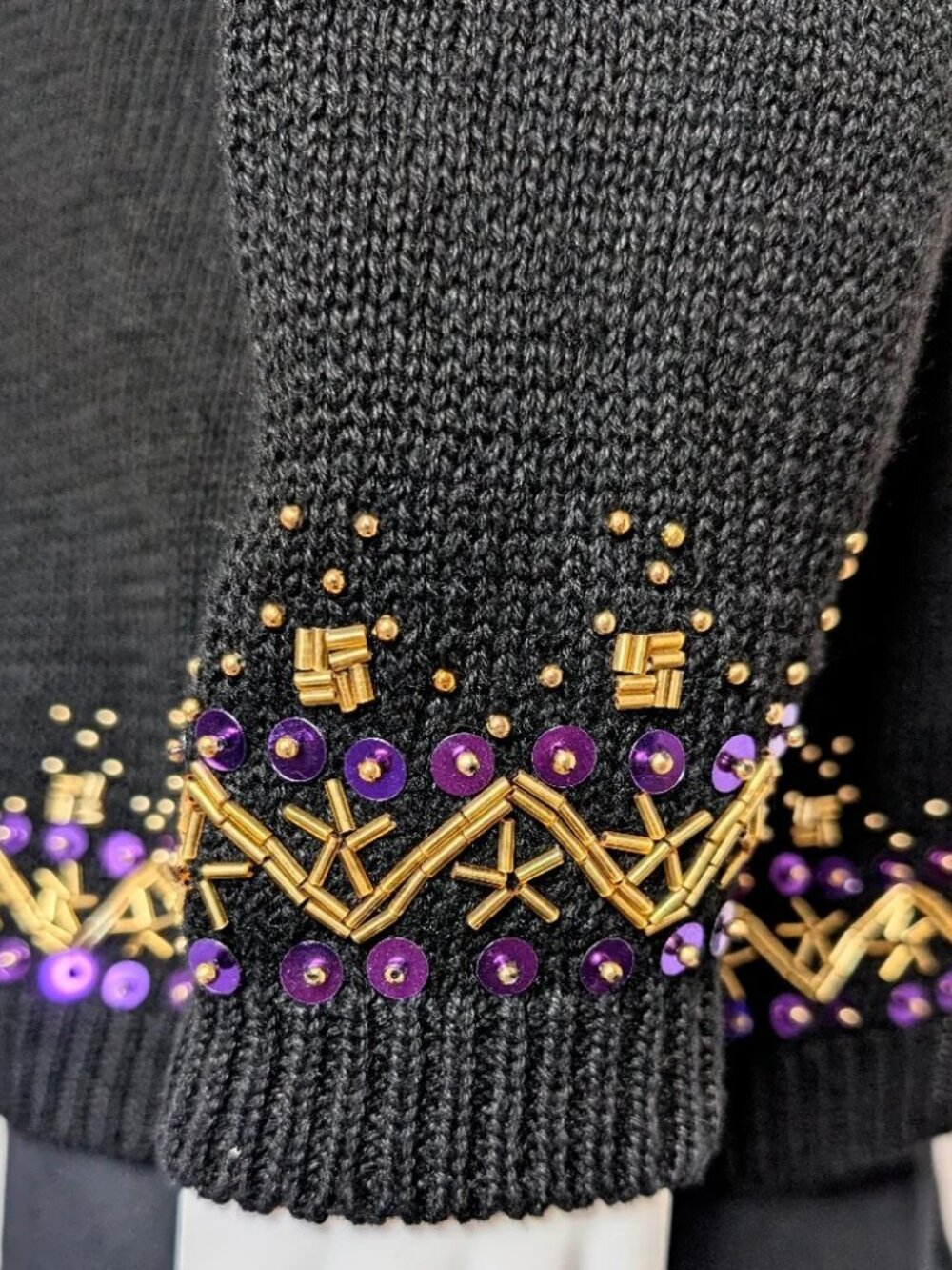 Vintage Marnie West Black Purple Beaded Sequin Sweater | L - Picture 8 of 12